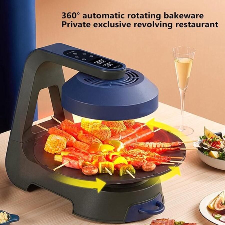 Jimmy&Jacky Infrarood Elektrische BBQ Grill 36cm Ø – Grillplaat Funcooking Rookvrij 3D BBQ 360° Draaibare Bakplaat 2 Warmtestanden 695W 1390W Koolstofvezel Infraroodfilament Ingebouwde Opbergbox voor Olie Blauw