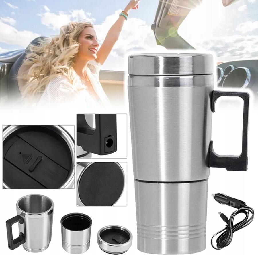 JIMUYU 300 ml 12V Auto-Verwarmingsbeker Met Vacuümisolatie – Voedselveilig RVS En Droogkookbeveiliging – Koel Aanvoelende Behuizing En Lekvrije Siliconen Deksel – 190 x 82 x 65 mm – Voor Forenzen En Reizigers