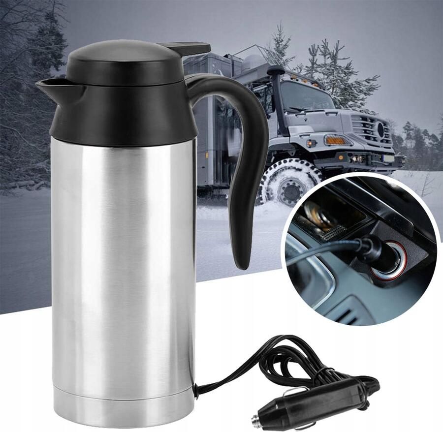 JIMUYU 750 ml Auto Waterkoker Van RVS – 12V Sigarettenaansteker En 95 cm Snoer – Kookt Water Tot 100°C In 20-40 Min En Dubbel Geïsoleerd – Voor Koffie Thee En Roadtrips – Zilver