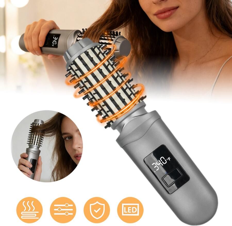 JIMUYU Draadloze Haarstylingkam Met Negatieve Ionen – 3 Temperaturen 170-210°C En 30 Seconden Opwarmen – 2600 mAh En USB-Oplaadbaar – Voor Krullen En Stijlen – Grijs