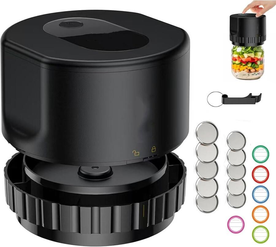 JIMUYU Eénknops Vacuümverzegelaar Voor Potten En Containers – Ingebouwde Accu En Automatische Stopfunctie – Inclusief 10 Deksels Flesopener En 12 Etiketten – Voor Koffie Noten En Restjes – Draadloos En Geschikt Voor Kamperen En Picknicks – Zwart