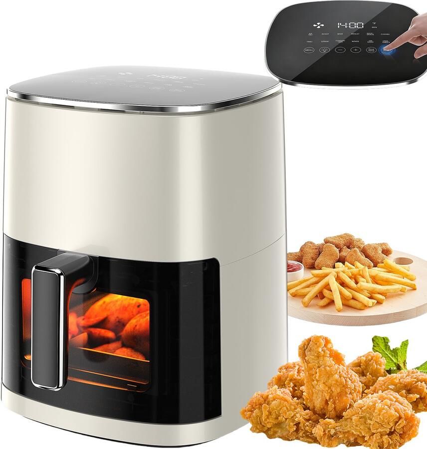 JOEAIS XXL Airfryer 6L met touchscreen kijkvenster 12 automatische programma's vaatwasserbestendig vetarm en gezond koken Airfryer voor 3-5 personen temperatuurregeling 40-200°C vetvrije frituurpan voor grillen en bakken