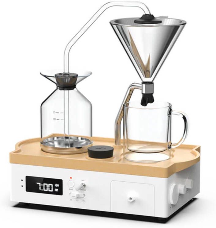 Joy Resolve Grande Barisieur Koffiezet apparaat- 2 cups Coffee & Tea Brewer klok met bereiding en Alarm Automatic brewer Mini Fridge Mini Koelkast White Rubber Wood Wakker worden met verse koffie