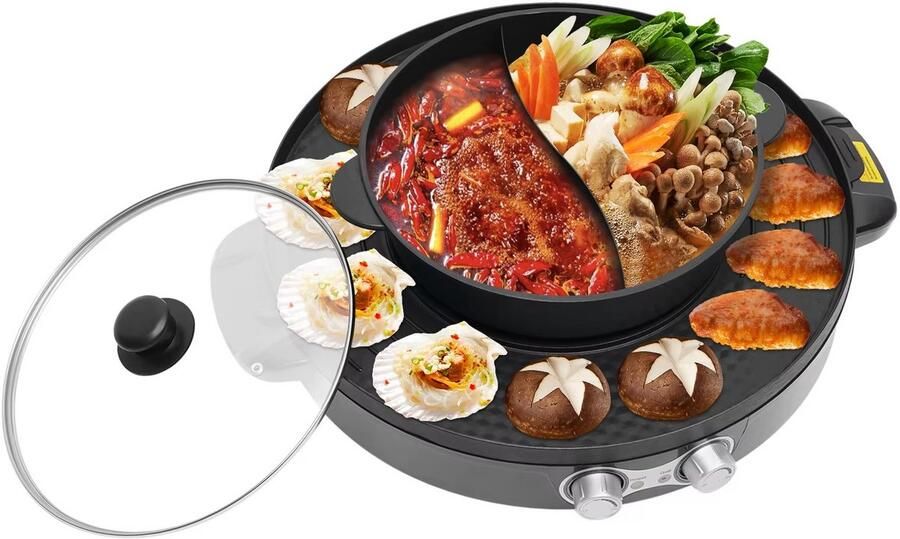 JOYNEXTBUY 2-in-1 Elektrische Hot Pot met Grill – 2200W – Dubbele Temperatuurregeling – Anti-aanbaklaag – EU Stekker – Zwart – Voor BBQ Steak & Hotpot