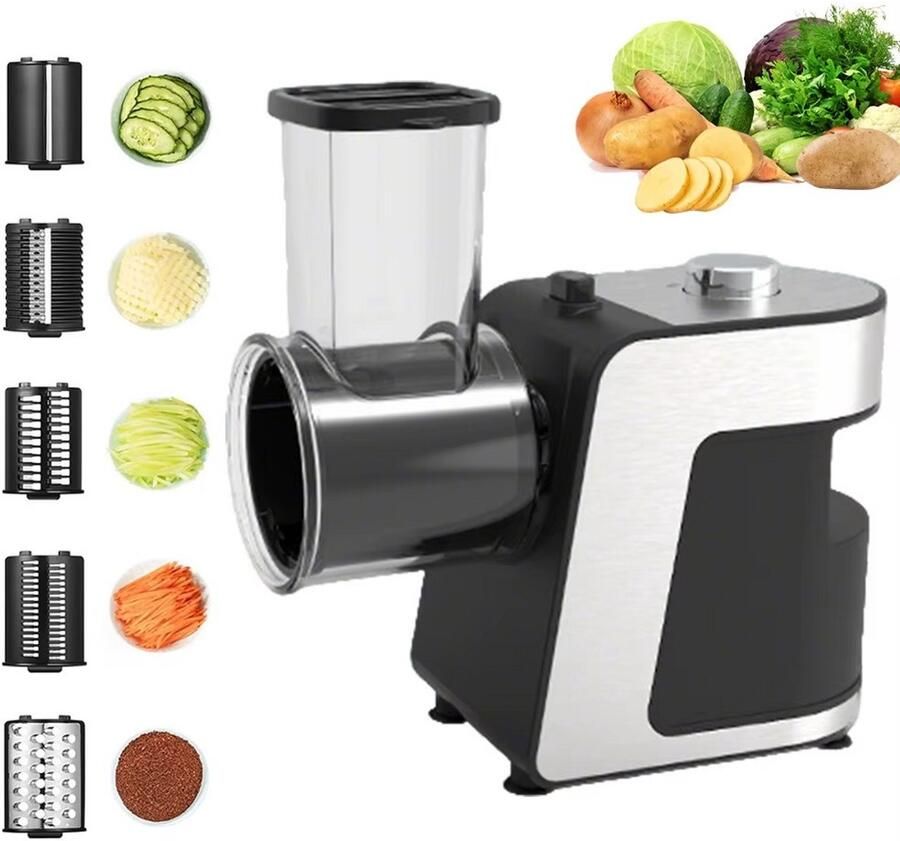 JOYNEXTBUY Elektrische Groentesnijder 500W 5-in-1 Groentesnijder & Kaasrasp Keukenmachine met 5 RVS Snijschijven voor Groenten Kaas & Chocolade