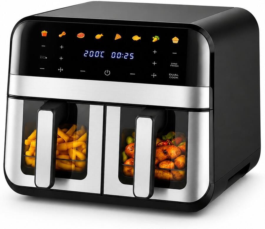 Jurrys Dubbele Airfryer 10L – 2400W – 2 Manden – LED Touchscreen – Instelbare Tijd & Temperatuur – Heteluchtfriteuse – Zwart