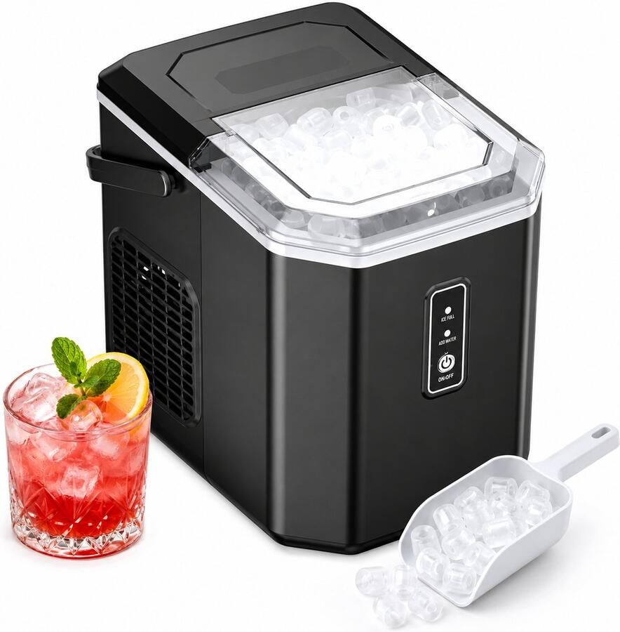 Jurrys IJsblokjesmachine – 1.2L 12kg 24 uur IJsblokjesmaker Inclusief ijsschep en ijsmand Draagbaar Zelfreinigende functie Zwart