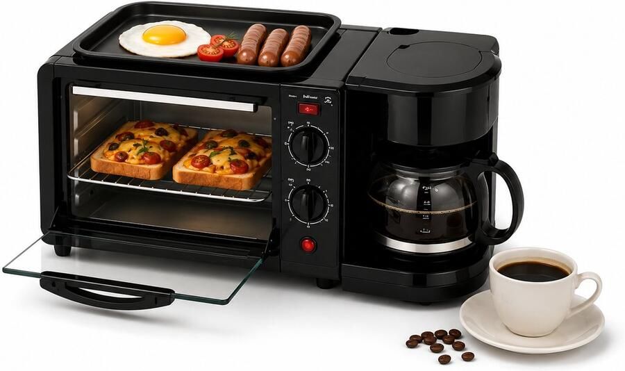 Jurrys Ontbijtmaker Koffiezetapparaat Broodrooster Mini oven Multifunctioneel 3 in 1 220V 600ml Koffiekan Zwart