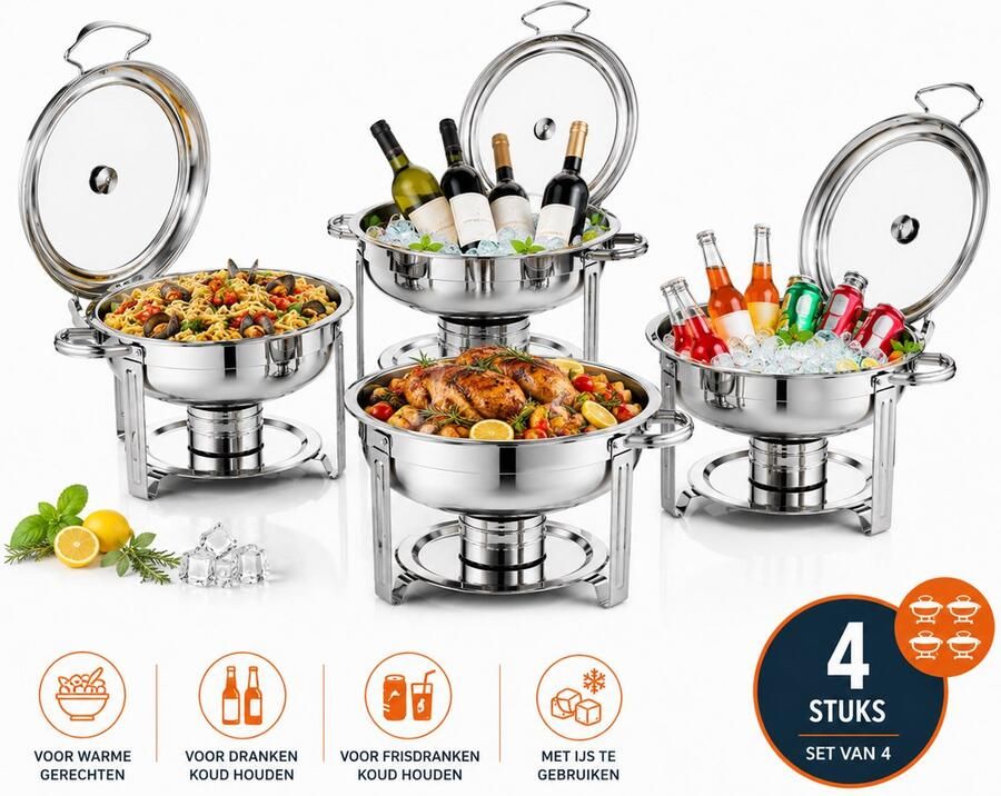 Jurrys Pannenset chafing dish set Warmhoudschalen Buffetpan 4 stuks Met deksel Stapelbaar Rond Roestvrijstaal Zilver
