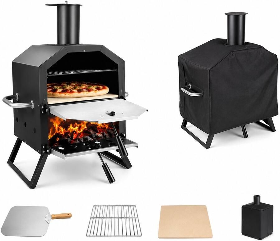Jurrys Pizza oven Grill Buiten oven 2 laags Werkt op Pellet hout en houtskool Inclusief waterdichte hoes 26x44x72cm Zwart