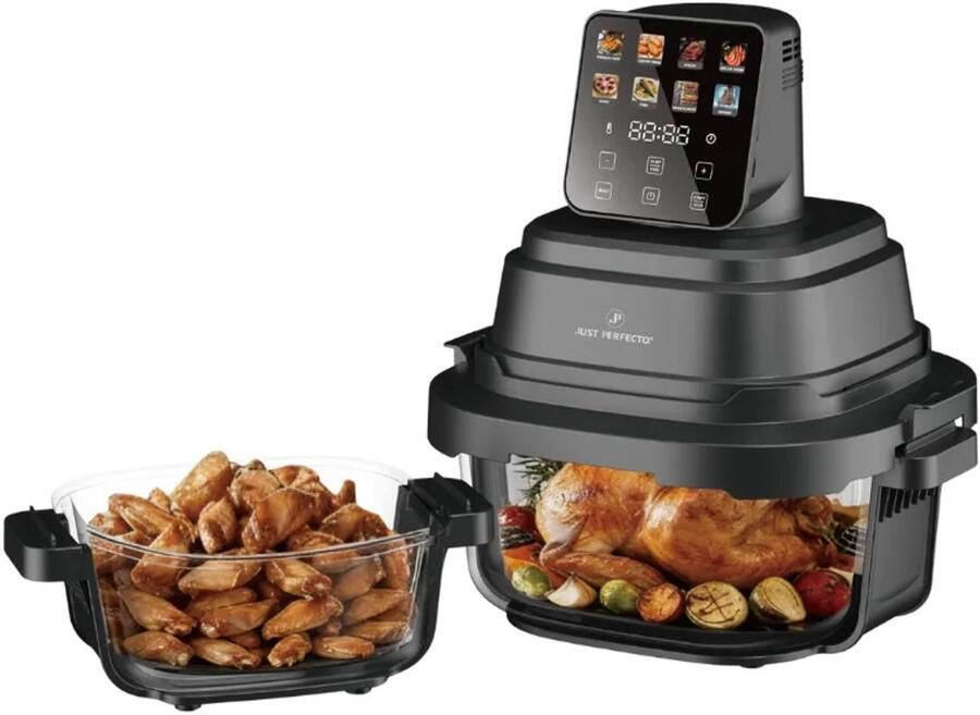 JUST PERFECTO HOUSEHOLD APPLIANCES Glazen Airfryer 1500W – Heteluchtfriteuse met 1 5L en 4L Glazen Schalen – 8 Bakprogramma s 80–200 °C en 360° Heteluchtcirculatie – Zwart