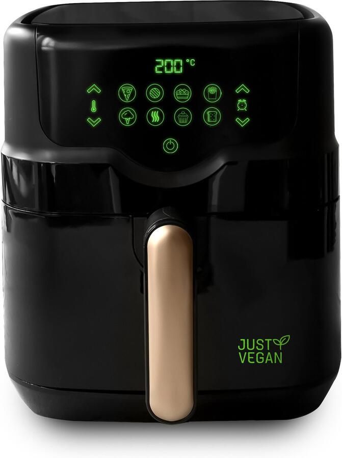 Just Vegan Arifryer zwart 200°C Hetelucht friteuse Plantaardige antiaanbaklaag Duurzaam en vetvrij frituren