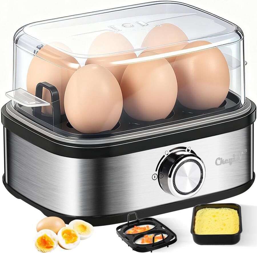 JVJH Eierkoker voor 6 eieren met hardheidsinstelling timer oververhittingsbeveiliging 210 W met maatbeker en eierspies voor ontbijteieren van zacht tot hard