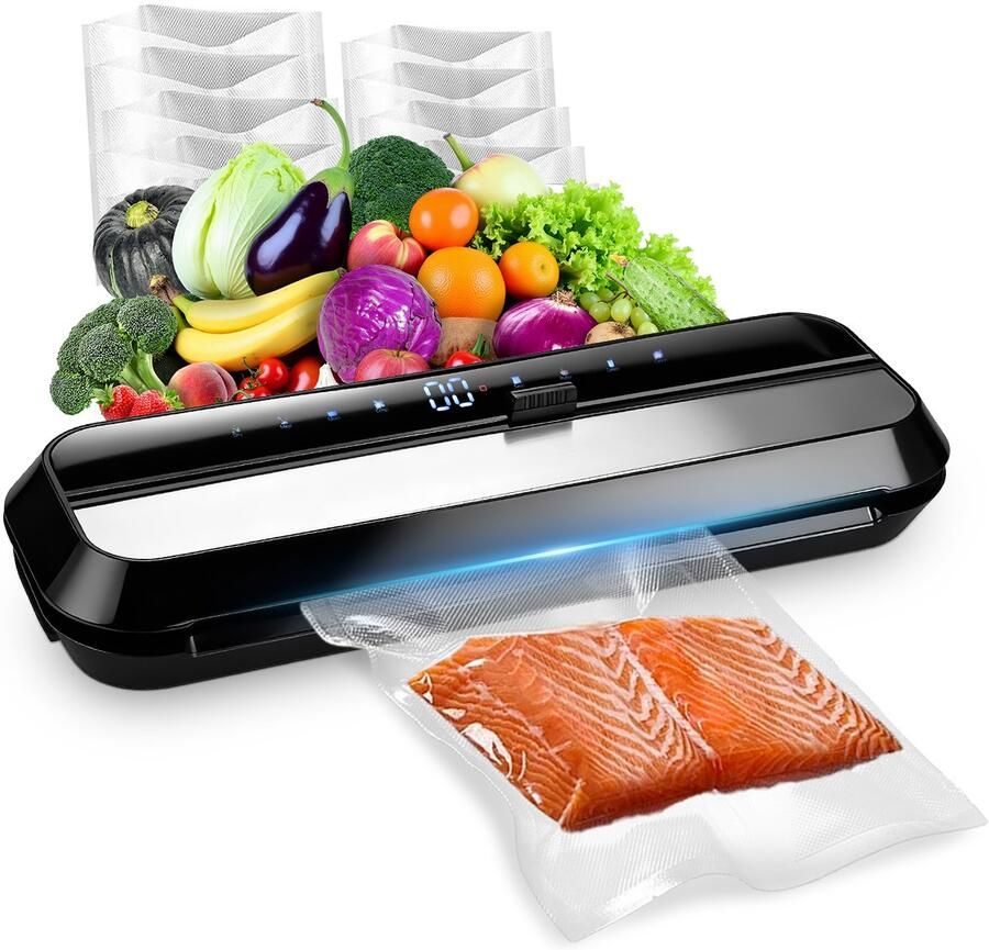 JVJH Vacuümsealer 80 kPa vacuümsealer voor voedsel 12-in-1 foliesealer 120W voor droge vochtige en verse voedingsmiddelen met slang en 20 vacuümzakken