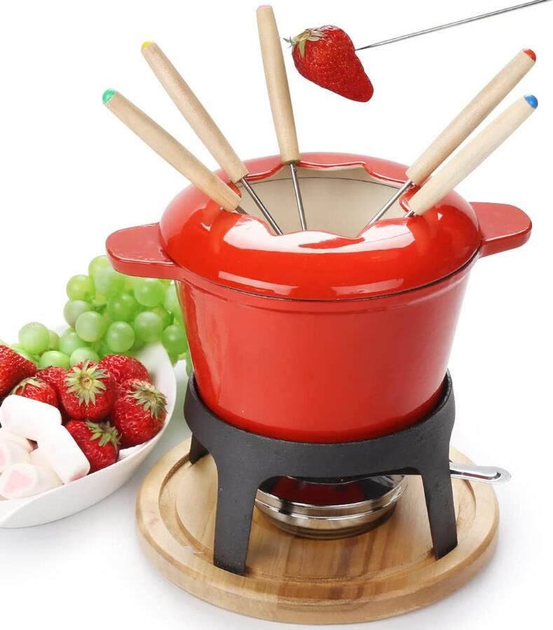 Kaasfondueset Chocolade fondueset Fondue Set Kaasfondue met warmer Gietijzer met 6 Fonduevorken en Brander Geschikt Voor Kaas Chocolades en Fruit (Rood o2)