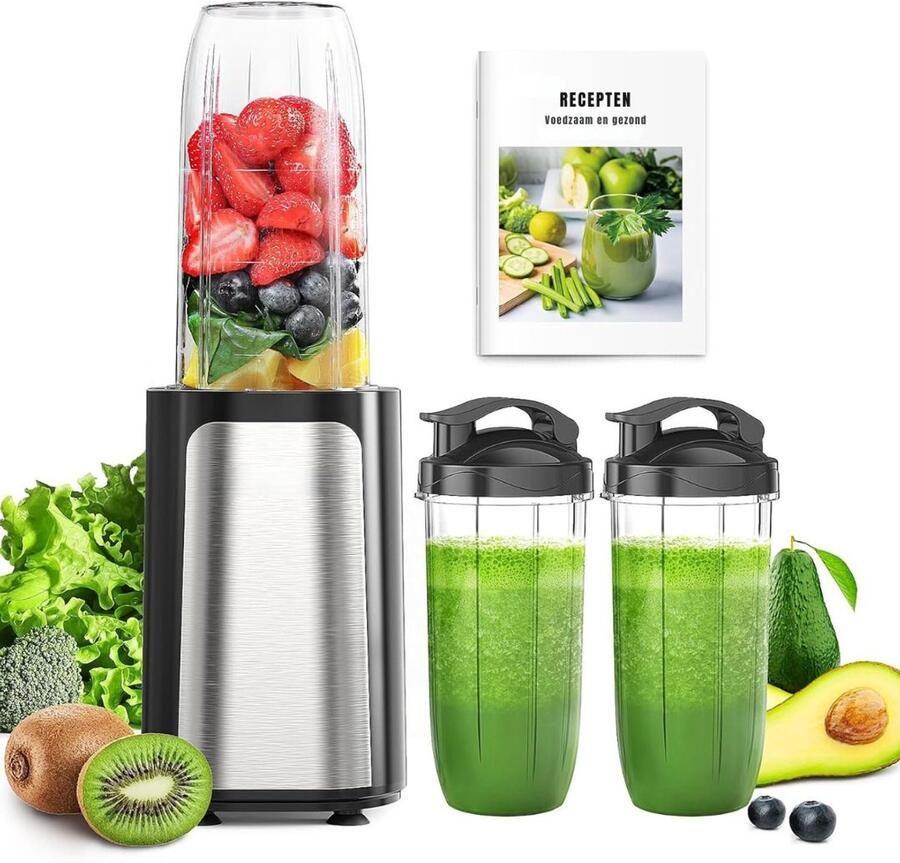 KAD Blender Krachtige Mini Mixer Blender met 3 Draagbare Mengbekers Zwart en Zilver 13cm x 19cm x 39cm