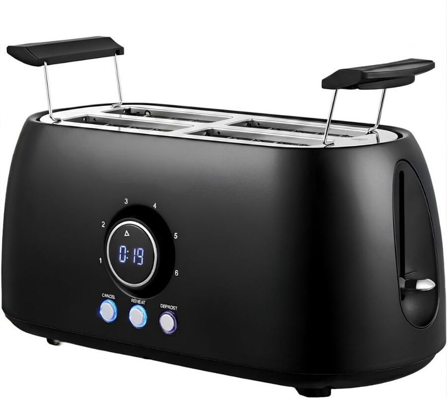 KAD Broodrooster Long-Slot Toaster voor 4 Sneden Instelbare Bruiningsgraad Zwart 17cm x 38cm x 18cm