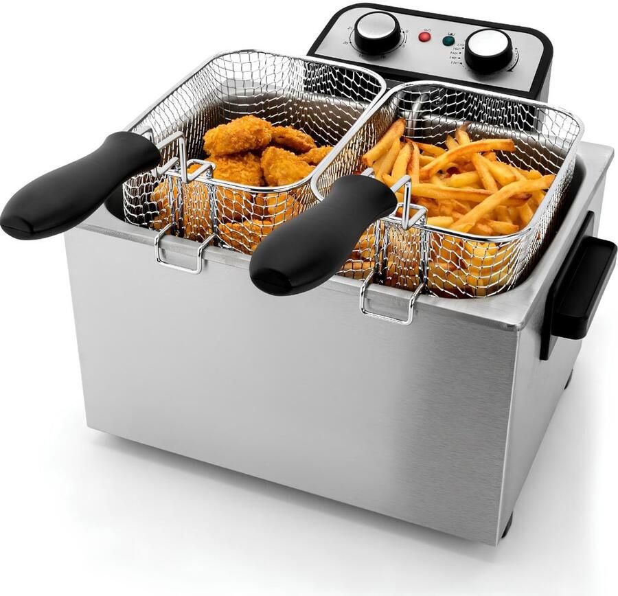 KAD Frituurpan Compacte RVS Friteuse Dubbele Frituurpan 5L Zilver 38cm x 38cm x 28cm