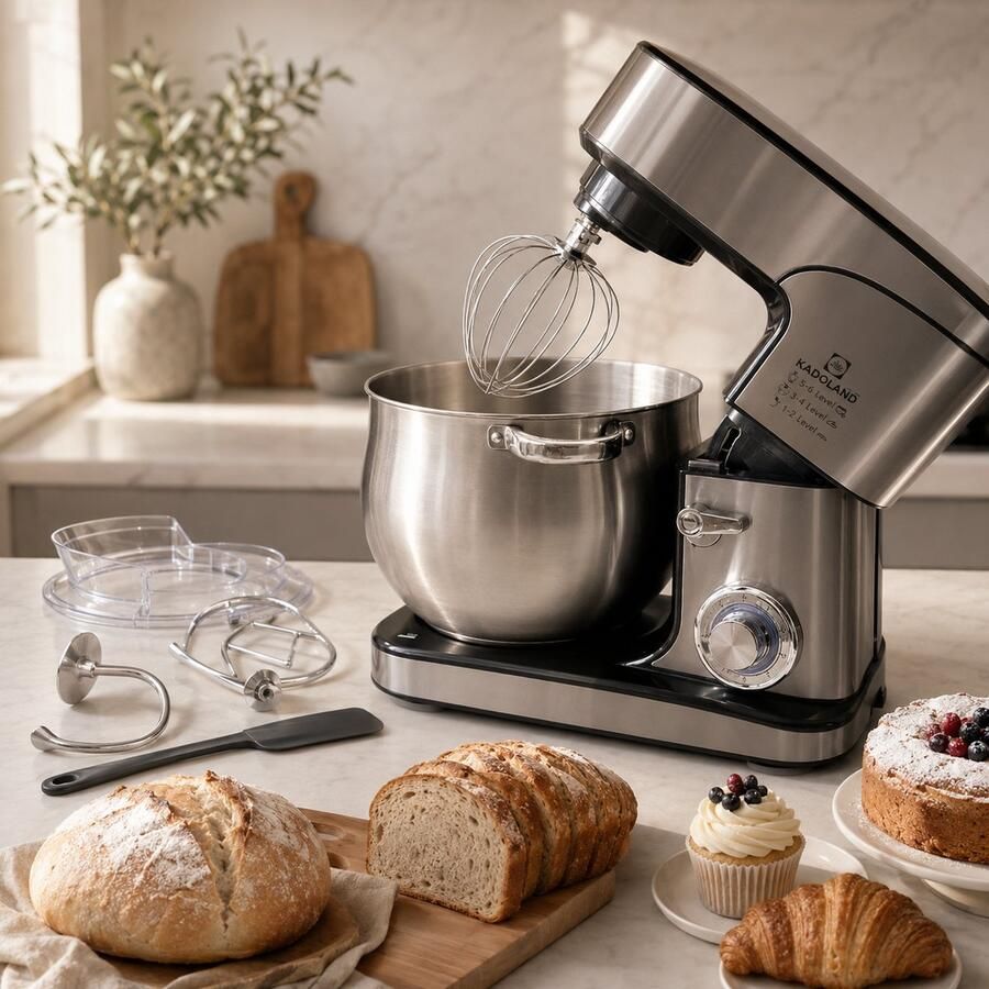 Kadoland 12L Stand Mixer – Deegmachine 2000W – Keukenmachine voor Zwaar Deeg – 6 Snelheden + Pulse – RVS Mengkom – Inclusief Deeghaak Garde Klopper en Spatel