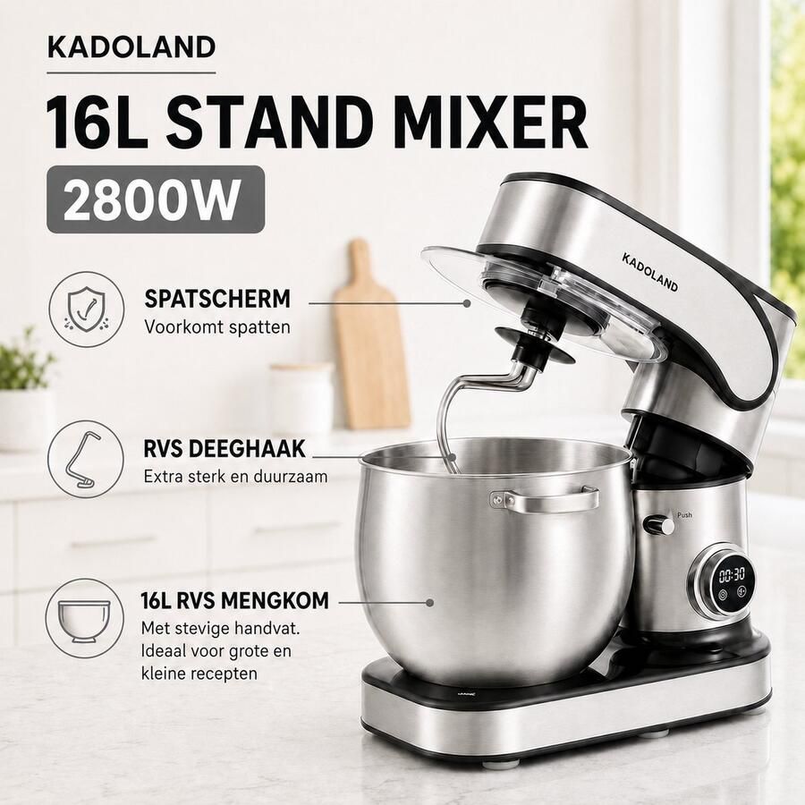 Kadoland 16L Stand Mixer – Professionele Keukenmachine voor Zwaar Deeg – 12 Snelheden – RVS Mengkom – Inclusief Accessoires