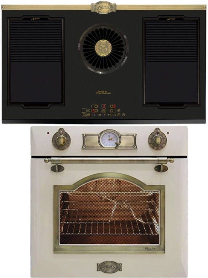 Kaiser inbouwoven EH 6355 ElfEm inductie -KCT 9365 IEm Retro inductiekookplaat met geïntegreerde afzuigkap 1250 m³ h elektrisch retro zelfreinigend 60cm 67L 8 functies ivoor Empire design in brons