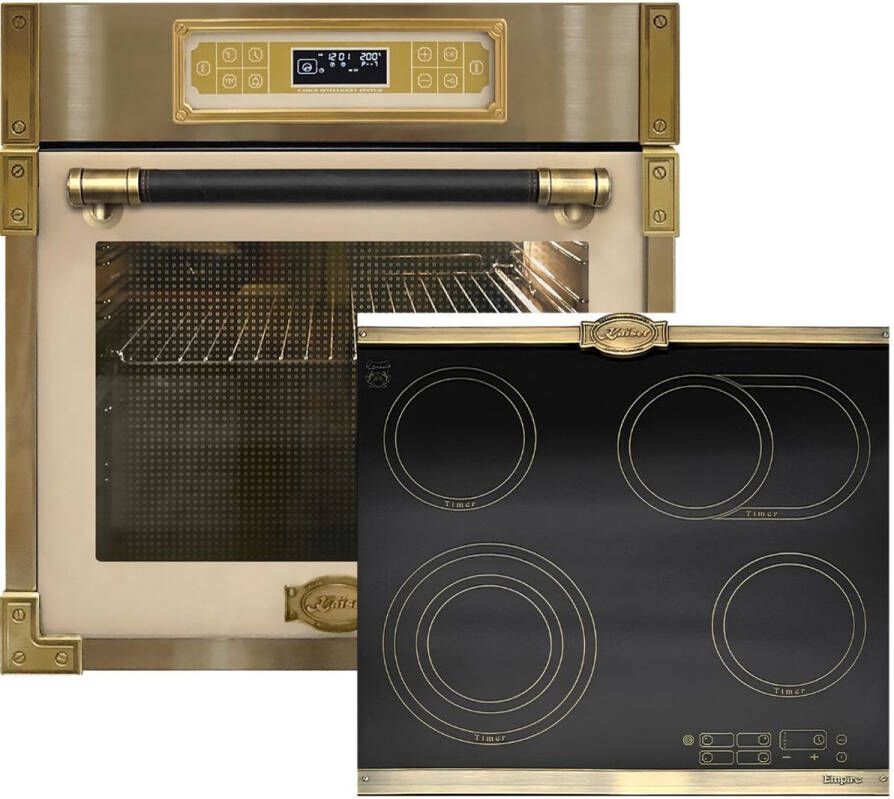 Kaiser inbouwoven EH 6726 ElfAD + KCT 6185 Em inbowelektrische kookplaat inbouwoven met enkele telescopische loper retro inbouwoven 80L ivoorkleurig glas
