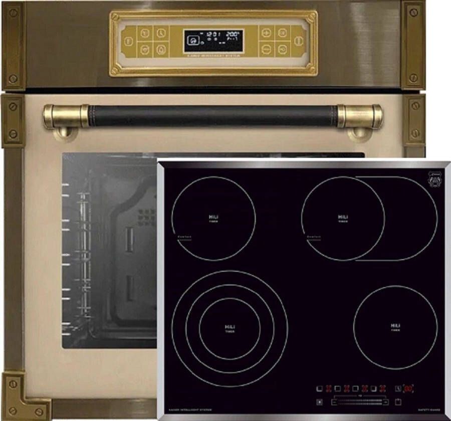 Kaiser inbouwoven EH 6726 ElfAD + Inbouwkookplaat elektrische KCT 6715 F met enkele telescopische loper retro inbouwoven 80L ivoorkleurig glas