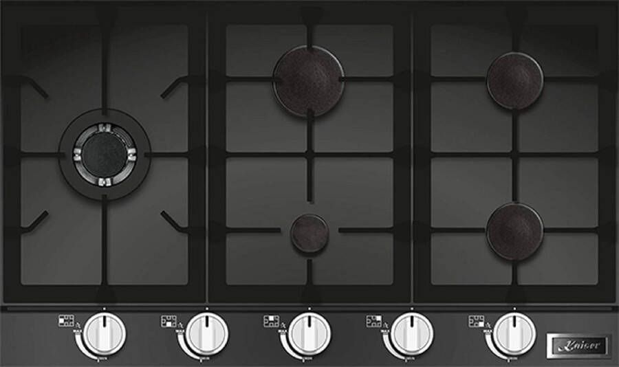 Kaiser gaskookplaat KCG 9387 90cm inbouwkookplaat roestvrijstalen knoppen zwart glas 3 8 KW WOK