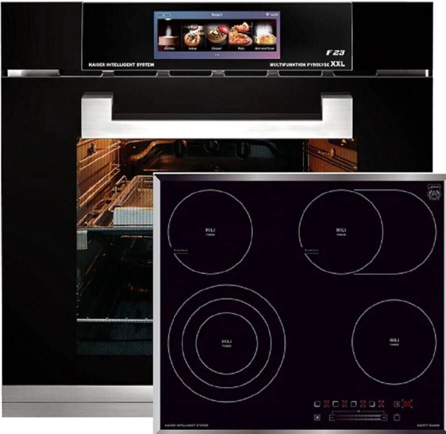 Kaiser Inbouwoven EH 6344 Inbouwoven 60 cm Zwart glas- 79 l Air fryer- TFT automatische braadfunctie + Inbouwkookplaat KCT 6715 F