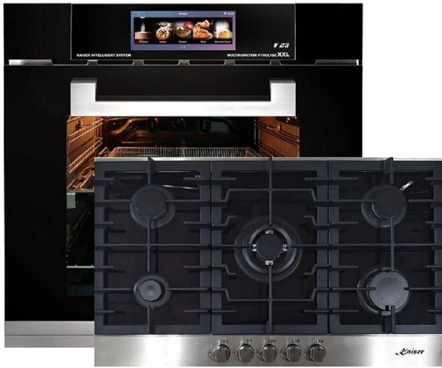 Kaiser Inbouwoven EH 6344 Inbouwoven 60 cm Zwart glas- 79 l Air fryer- TFT automatische braadfunctie + Gaskookplaat KCG 9386 Turbo glaskeramische gaskookplaat 86 cm