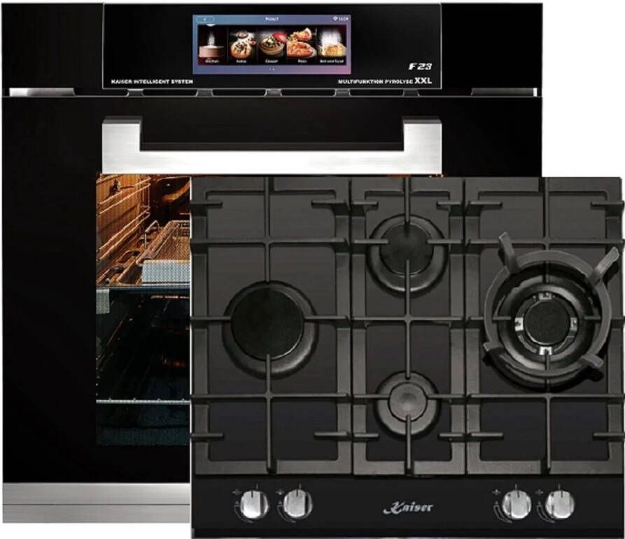 Kaiser Inbouwoven EH 6344 Inbouwoven 60 cm Zwart glas- 79 l Air fryer- TFT automatische braadfunctie + Gaskookplaat KCG 6394 kookplaat 60cm