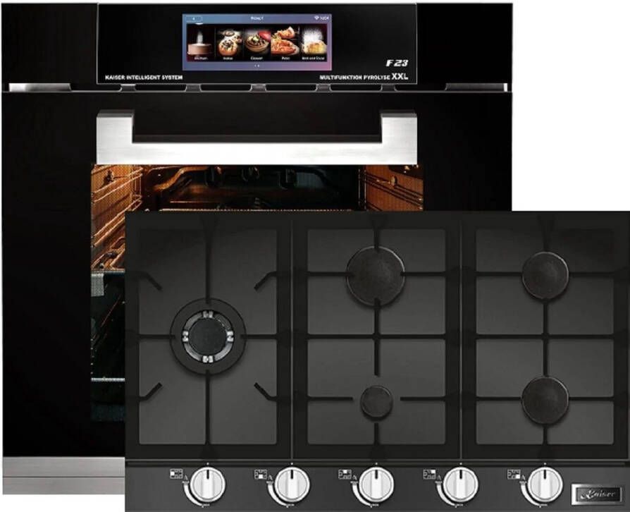 Kaiser Inbouwoven EH 6344 Inbouwoven 60 cm Zwart glas- 79 l Air fryer- TFT automatische braadfunctie + Gaskookplaat KCG 9387- inbouwkookplaat 90cm