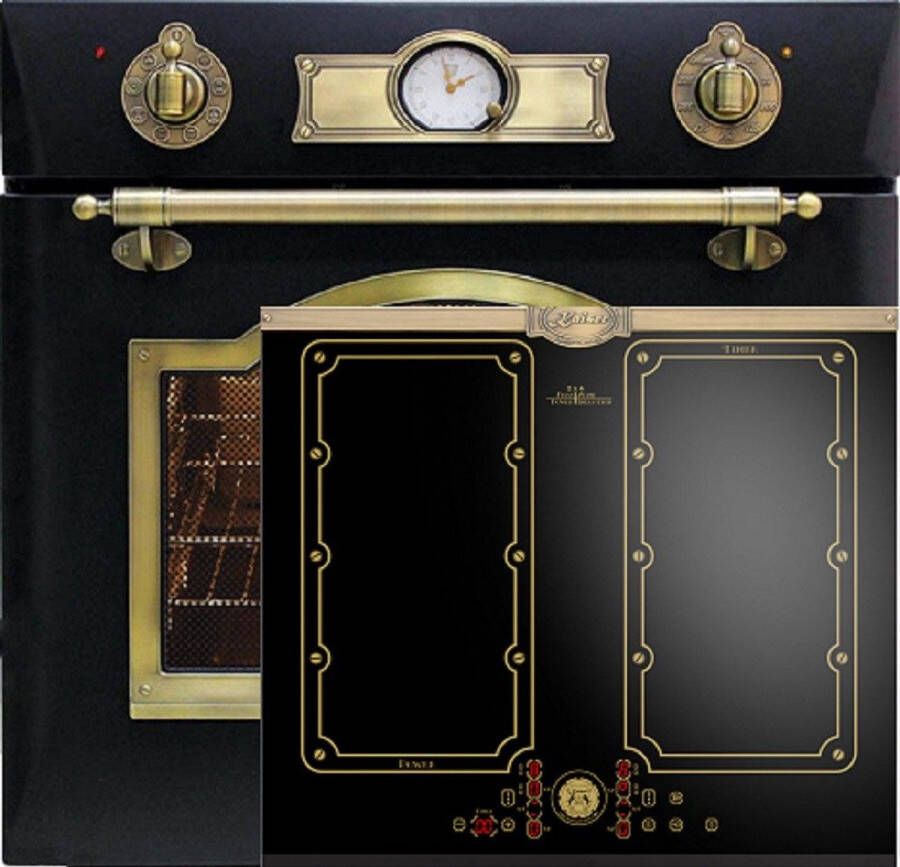 Kaiser inbouwoven EH 6355 Em + KCT 6192 FI Em inductiekookplaat 60 cm met 1-voudige telescoopgeleider retro elektrische inbouwoven zelfvoorzienend 60cm 67L 8 functies in zwart