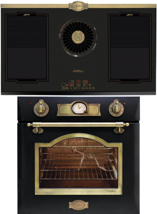 Kaiser inbouwoven inductie afzuiging EH 6355 Em met 1-voudige telescoopgeleider KCT 9365 IEm Retro inductiekookplaat met geïntegreerde afzuigkap 1250 m³ h Empire design in brons