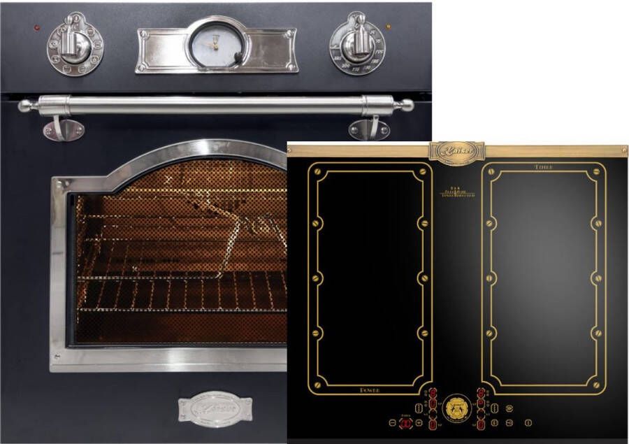 Kaiser inbouwoven EH 6355 Em Sil + KCT 6192 FI Em inductiekookplaat 60 cm antraciet geëmailleerd met zilver decor retro zelfvoorzienende elektrische inbouwoven 60 cm 67L 8 functies