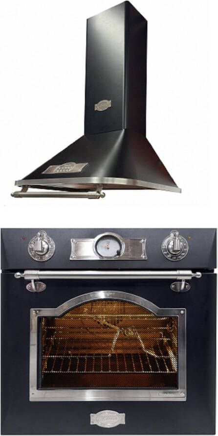 Kaiser inbouwoven EH 6355 Em Sil + Wandafzuigkap A 6315 Em Sil ECO antraciet geëmailleerd met zilver decor retro zelfvoorzienende elektrische inbouwoven 60 cm 67L 8 functies