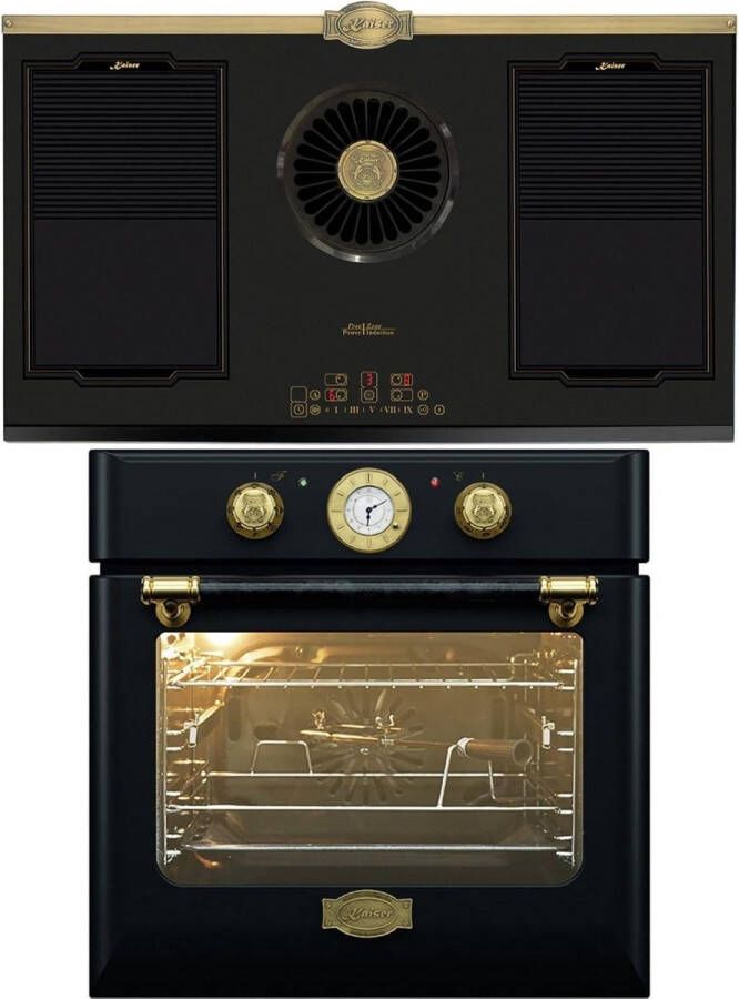 Kaiser Inbouwoven EH 6432 BE met enkele telescoopgeleider + KCT 9365 IEm Retro inductiekookplaat met geïntegreerde afzuigkap 1250 m³ h & Empire design in brons