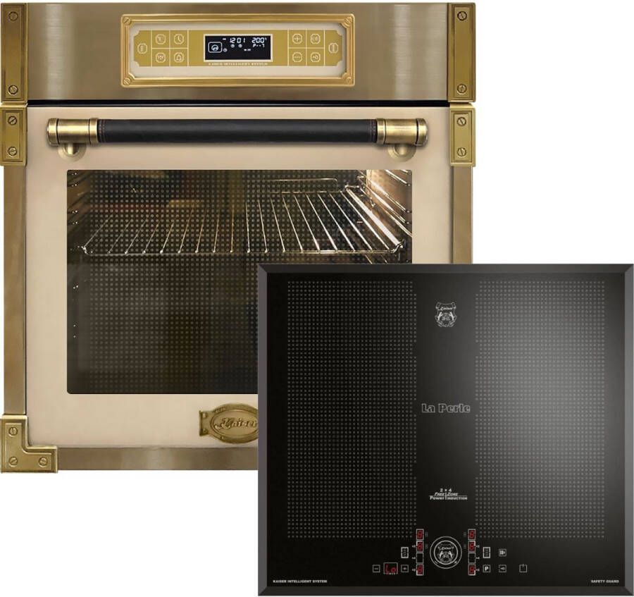 Kaiser inbouwoven EH 6726 ElfAD + Inbow KCT 61 FI inductiekookplaat 60 cm met enkele telescopische loper retro inbouwoven 80L ivoorkleurig glas