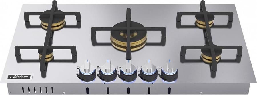 Kaiser Gaskookplaat KG 9236 Turbo -90 cm Roestvrijstalen kookplaat met Anti-Touch-effect magnetische gietijzeren pannendragers geschikt voor aardgas & vloeibaar gas drievoudige Turbo WOK-brander
