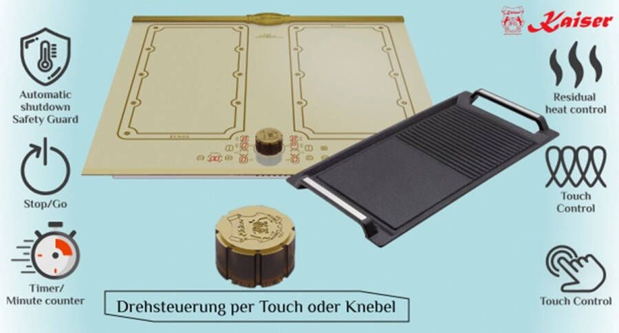 Kaiser KCT 6192 FI ElfEm incl. grillplaat inductiekookplaat 60 cm 8 verwarmingselementen: 4×2 inductiekookzones FREE ZONE met 2 FLEX inductiezones Ivoor keramisch glas met antiekgouden afwerking