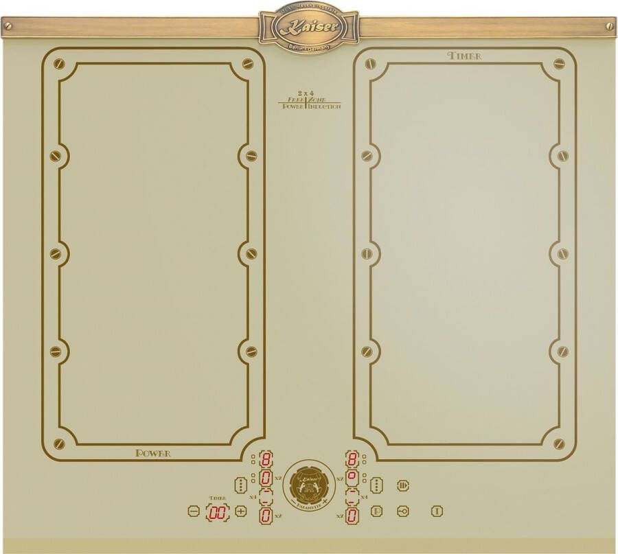 Kaiser inductie KCT 6192 FI ElfEm inductiekookplaat 60 cm 8 verwarmingselementen: 4×2 inductiekookzones FREE ZONE met 2 FLEX inductiezones Ivoor keramisch glas met antiekgouden afwerking