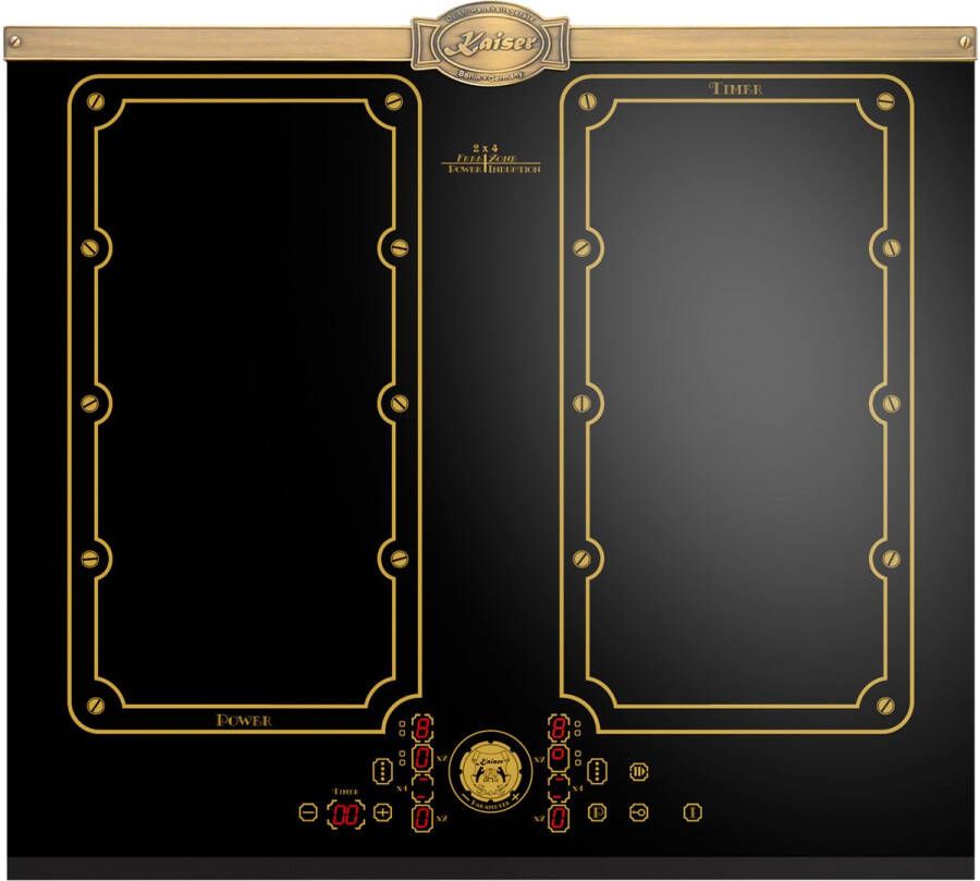 Kaiser inductie KCT 6192 FI Em -inductiekookplaat 60 cm incl. grillplaat 8 verwarmingselementen: 4×2 inductiekookzones FREE ZONE met 2 FLEX inductiezones Zwart keramisch glas met antiekgouden strip - Foto 2