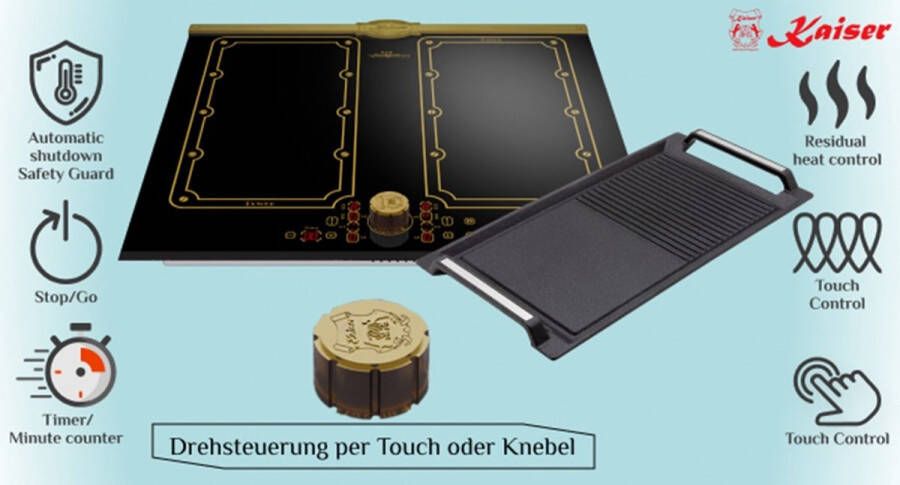 Kaiser inductie KCT 6192 FI Em -inductiekookplaat 60 cm incl. grillplaat 8 verwarmingselementen: 4×2 inductiekookzones FREE ZONE met 2 FLEX inductiezones Zwart keramisch glas met antiekgouden strip