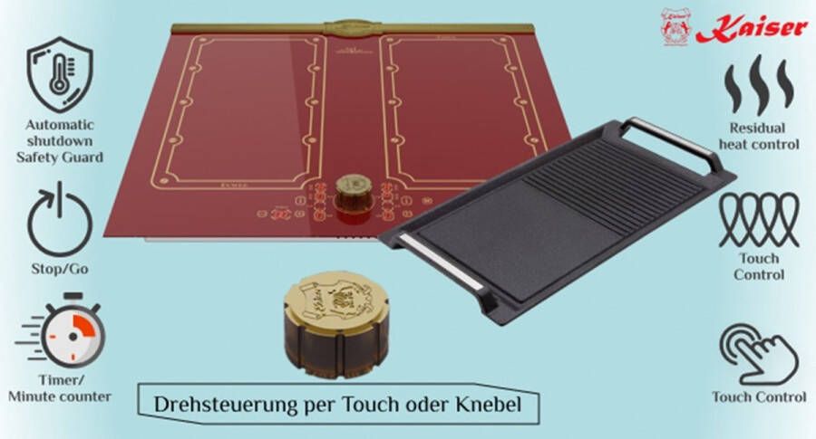 Kaiser inductie kookplaat KCT 6192 FI RotEm incl. grillplaat inductiekookplaat 60 cm 8 verwarmingselementen: 4×2 inductiekookzones FREE ZONE met 2 FLEX inductiezones Bordeaux keramisch glas met Antiek Goud lijstwerk