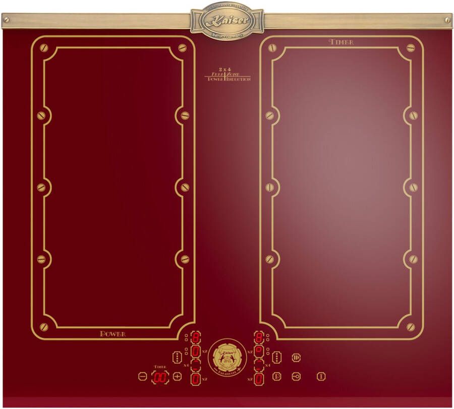 Kaiser KCT 6192 FI RotEm inductiekookplaat 60 cm inductie 8 verwarmingselementen: 4×2 inductiekookzones FREE ZONE met 2 FLEX inductiezones Bordeaux keramisch glas met Antiek Goud lijstwerk