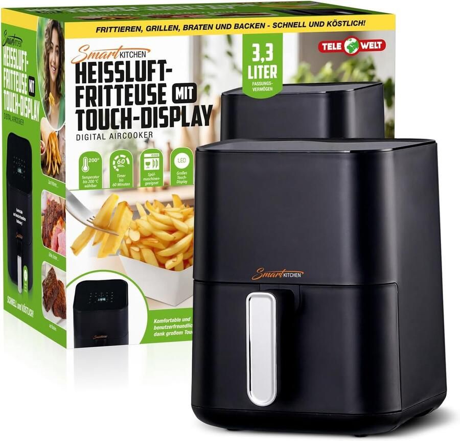 Kajal Smart Kitchen Heteluchtfriteuse 3.3L Kleine Airfryer voor Compacte Keukens – Mini Aircooker met LED Touch Display 9 Programma s Automatische Uitschakeling Gezond Frituren met 90% Minder Olie Airfryer Klein & Elektrisch met Sticker