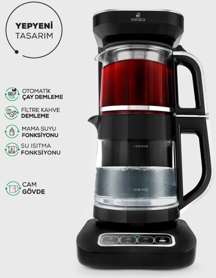 KARACA Çaysever Robotea Pro 4 in 1 Sprekend Automatisch Theezetapparaat met Glas Waterverwarmer en Filter Koffiezetapparaat 2500W Zwart Chroom