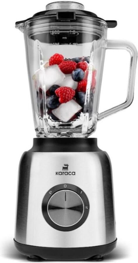 KARACA Inox Smoothie Blender – 1000W – 1 5 Liter Glazen Kan – IJskrachtfunctie – 6 RVS Messen – Zilver