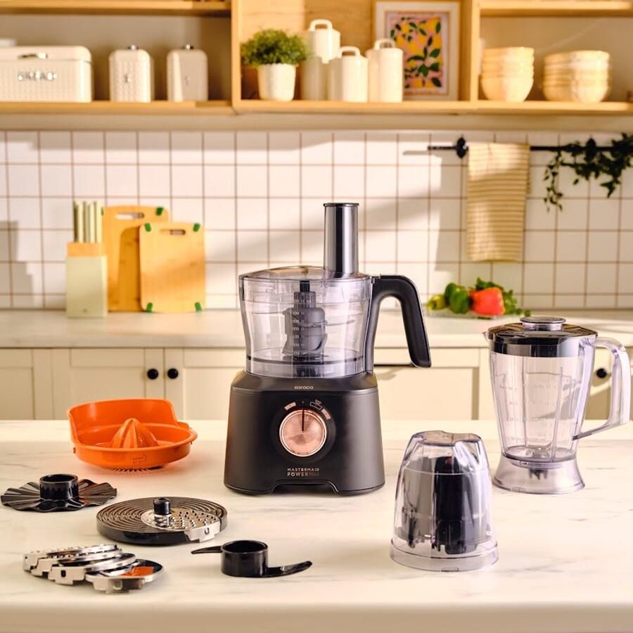 KARACA Mastermaid Power Max 11-in-1 Voedselprocessor 2500W – 1 5L Kom – Blender 1L – Citruspers – Koffiemolen – Mat Zwart Koper