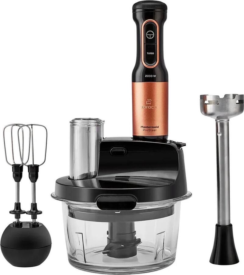 KARACA Mastermaid Prosteel Keukenrobot 2500W – Glazen Hakmolen 1 5L – Staafmixer Smoothiebeker Garde Rasp & Snijschijven – Zwart Koper
